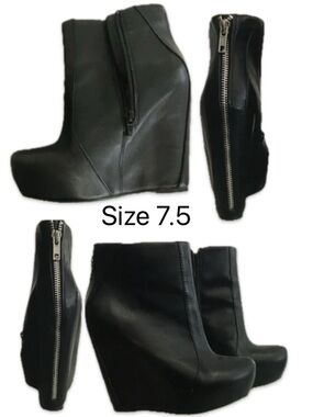 Black Wedge Ankle Boots with Rear Zip - Women - Size 7.5